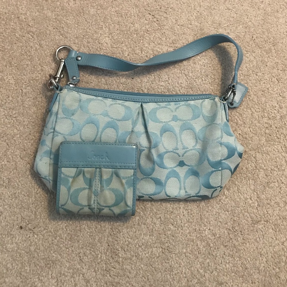 Light blue Coach purse and wallet set